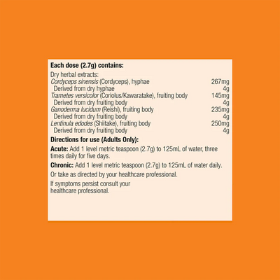 Ingredients including Cordyceps sinensis, hyphae, Trametes versicolor, Coriolus/Kawaratake, Ganoderma lucidum, Reishi, Lentinula edodes, Shiitake.