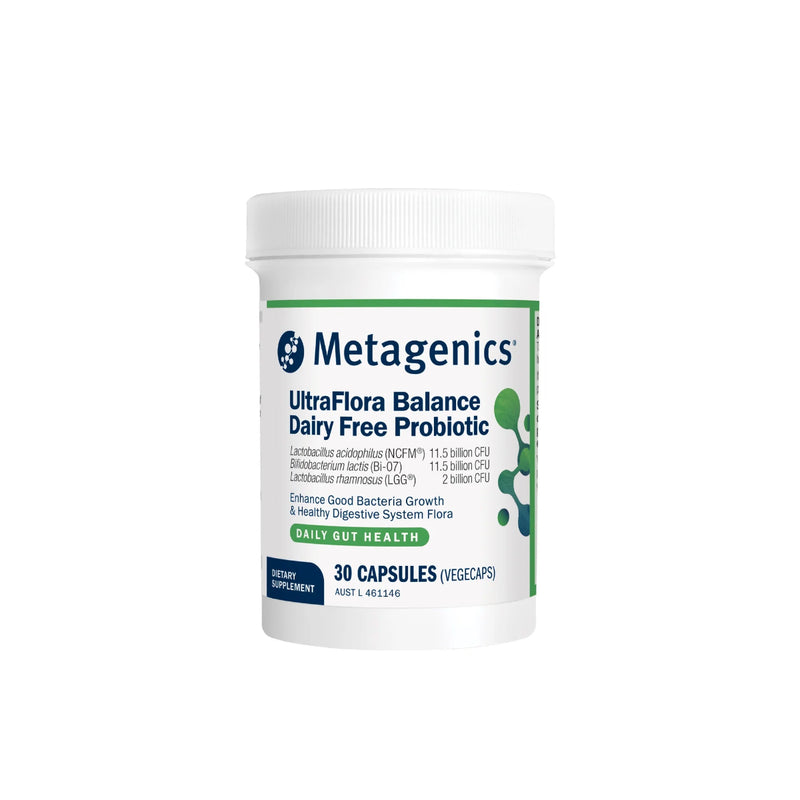 A Supplement container with the name Ultra Flora Balance Dairy Free Probiotic (30 caps) by Metagenics.