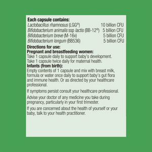 Text listing the ingredients including Lactobacillus Rhamnosus, LGG, Bifidobacterium animalis ssp lactis, BB-12, Bifidobacterium Breve, M-16v, Bifidobacterium longum, BB536