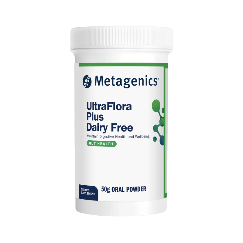 A Supplement container with the name UtraFlora Plus Dairy Free by Metagenics.