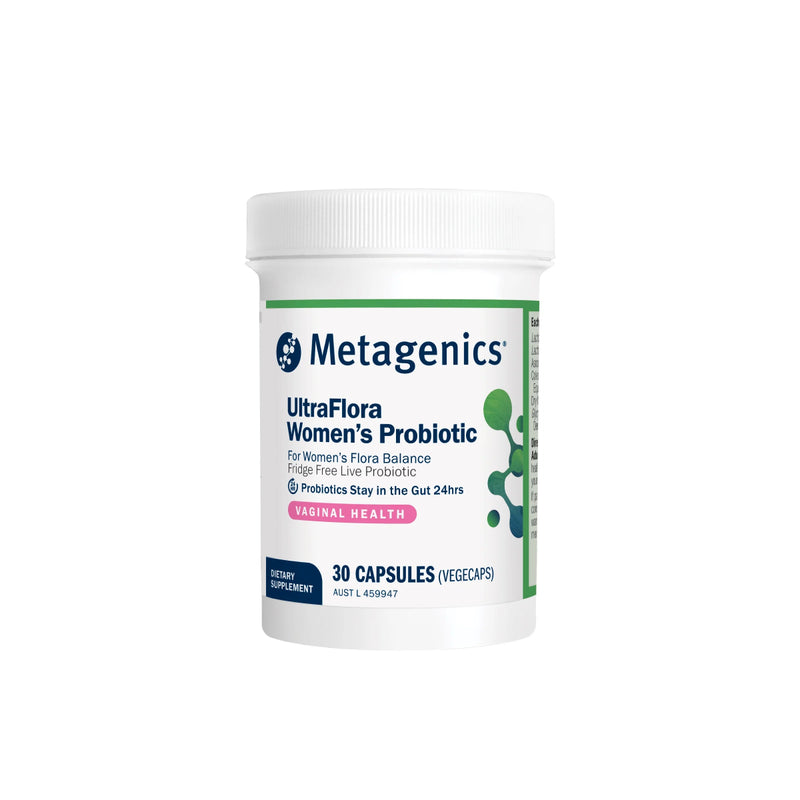 A Supplement container with the name UltraFlora Woman's Probiotic (Formerly UltraFlora Femme) by Metagenics. 