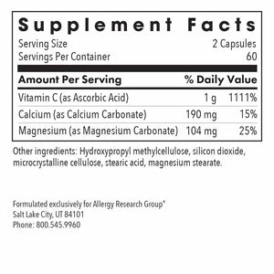 Supplement facts for Buffered Vitamin C 120c listing ingredients including Calcium, Calcium carbonate, Magnesium, Magnesium carbonate, Vitamin A