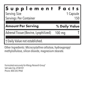 Supplement facts for Adrenal 150c listing ingredients including Adrenal Complex, Adrenal cortex bovine, Adrenal cortex