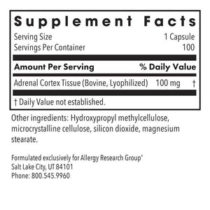 Supplement facts for Adrenal Cortex 100c listing ingredients including Adrenal Complex, Adrenal cortex