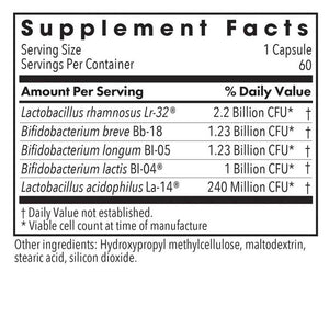 Supplement facts for BifidoBiotics 60c listing ingredients including Bifidobacterium, Bifidobacterium Breve Bb-18, Bifidobacterium breve, Bifidobacterium lactis Bl-04, Bifidobacterium longum Bl-05