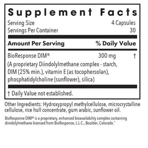 Supplement facts for DIM Enhanced Delivery System 120c listing ingredients including DIM, Diindolylmethane, Phosphatidylcholine, Vitamin E, Vitamin E (tocofersolan)
