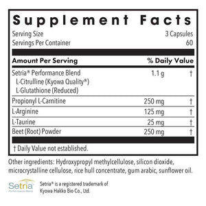 Supplement facts for NO Inducers 180c listing ingredients including Arginine, Beet, Carnitine, Citrulline, Glutathione