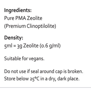 Supplement facts for PMA Zeolite Powder 200g listing ingredients including Zeolite