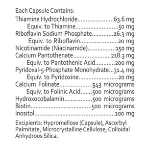Ingredient: Thiamine Hydrochloride, Riboflavin Sodium Phosphate, Nicotinamide, Calcium Pantothenate, Pyridoxal-5-Phosphate Monohydrate, Calcium Folinate, Hydroxocobalamin, Biotin, and Inositol.