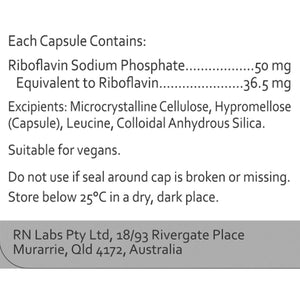 Supplement facts for Active B2 60c listing ingredients including Vitamin B2, Vitamin B2 (riboflavin 5-phosphate)