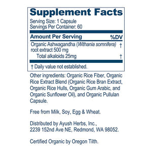 Supplement facts for Ashwagandha 60c listing ingredients including Ashwagandha