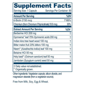 Supplement facts for BioGymnema 90c listing ingredients including Berberine, Betaine HCI, Biotin, Bitter Melon, Black plum (Syzygium cumini)