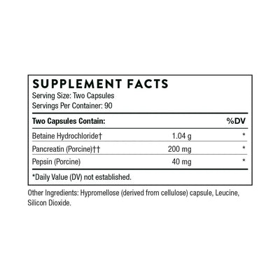 Ingredients including Betaine Hydrochloride, Pancreatin, Porcine, Pepsin.