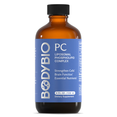 A Supplemen tbottle with the name PC Liposomal Phospholipid Complex (118 ml) by Body Bio.