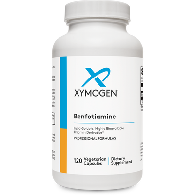 A Supplement container with the name Benfotiamine by Xymogen.