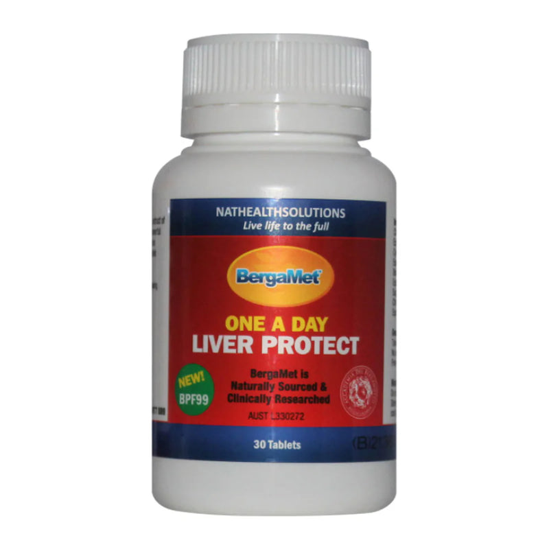 Image of a white supplement bottle that says nathealthsolutions live life to the full one a day liver protect bergamet is naturally sourced and clinically researched 30 tablets 