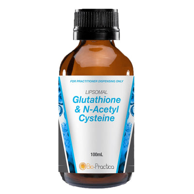 A Supplement container with the name Liposomal Glutathione and N-Acetyl Cysteine by Bio-Practica.
