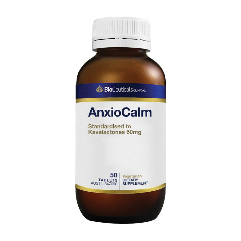 BioCeuticals Clinical AnxioCalm amber glass bottle image. 50 tablets.