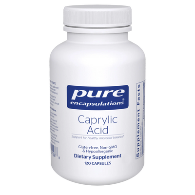 A Supplement container with the name Caprylic Acid by Pure Encapsulation.