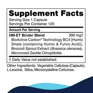 Supplement facts for HM-ET Binder 120c listing ingredients including Broccoli, Broccoli sprout, Fulvic Acid, Humic Shale, Humic acid