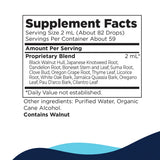 Text listing the ingredients including Black Walnut hull, Japanese Knotweed Root, Dandelion root, Boneset Stem, Suma root, Clove bud, Oregon Grape Root, Thyme Leaf, Licorice root, White Oak Bark, Jamica Quassia Bark, Oregano leaf, Pau D'arco, Cilantro leaf.