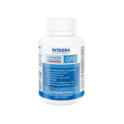 A Supplement container with the name GeneActiv Formulation D (GFD 120 Caps)  by Integra. 