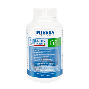 A Supplement container with the name GeneActiv Formulation E (GFE) (240 Vege Caps) by Integra Nutritionals.