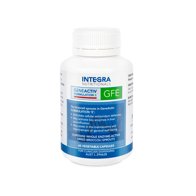 A Supplement container with the name GeneActiv Formulation E (GFE) (60 Vege Caps) by Integra Nutritionals.