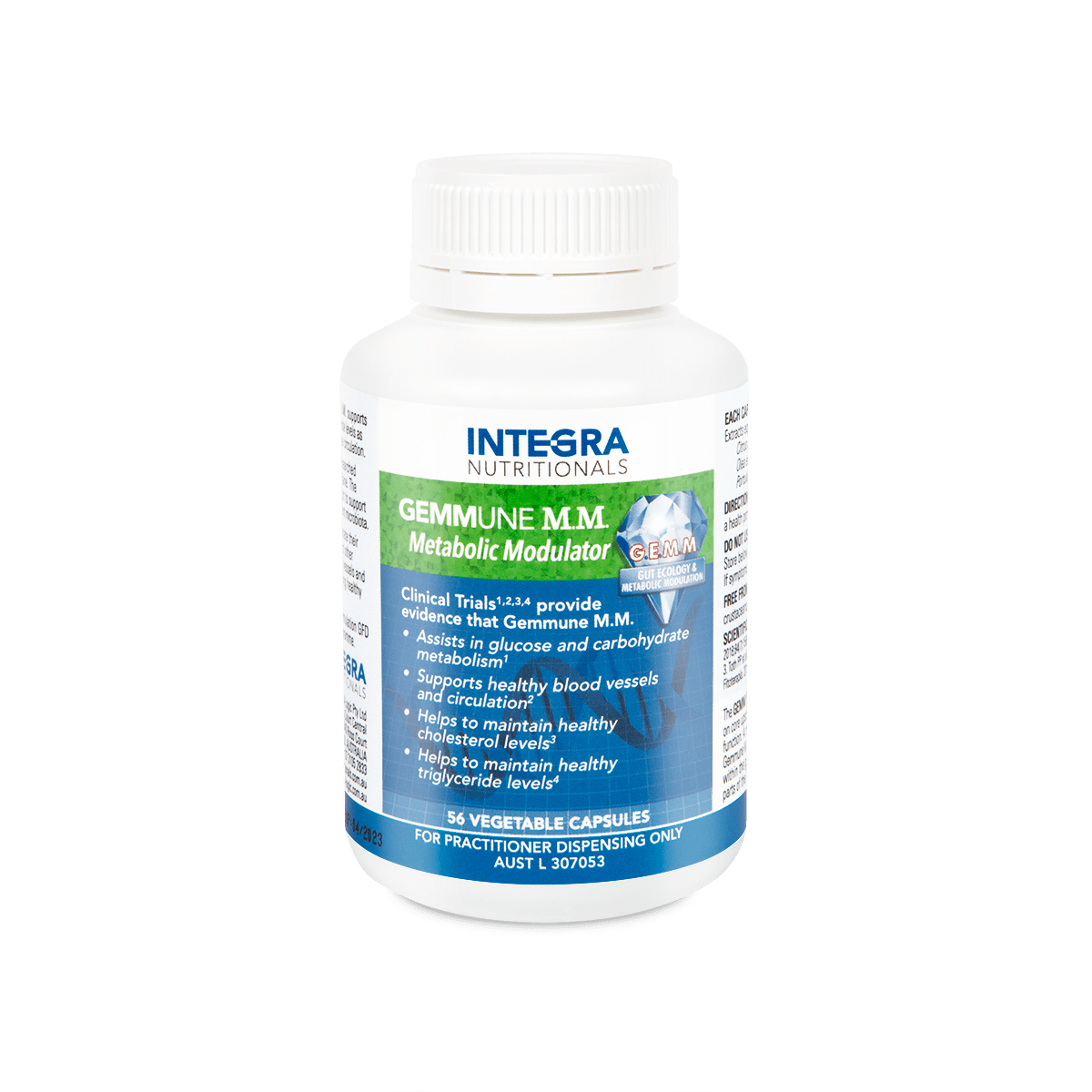 A Supplement container with the name Gemmune Metabolic Modulator (M.M.) 56 Caps by Integra Nutritionals.