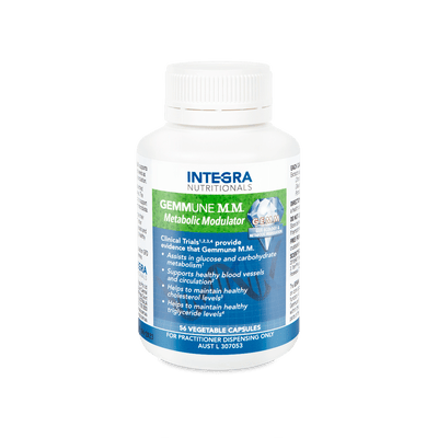 A Supplement container with the name Gemmune Metabolic Modulator (M.M.) 56 Caps by Integra Nutritionals.