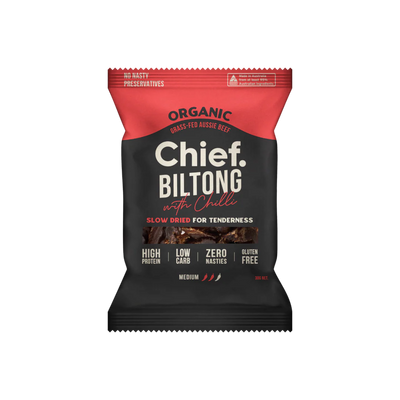 A Supplement packet of Chief Biltong with Chilli (30g) by Chief Nutrition.
