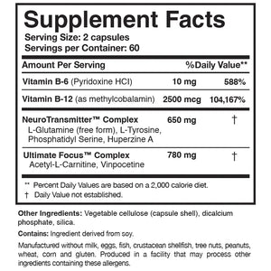Text listing the ingredients including VItamin b6, Pyridoxine HCI, Vitamin b12, Methylcobalamin, L glutamine, L Tyrosine, Phosphatidyl serine, Huperzine A, Acetyl L carnitine, Vinpocetine.