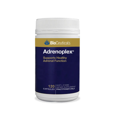 BioCeuticals product bottle of Adrenoplex 120capsules. Blue with gold band.