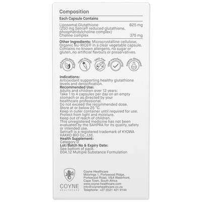 Ingredients: Liposomal Glutathione 625mg, Choline Complex 375mg. Phosphatidylcholine complex 195mg.