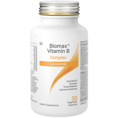 A image of a white bottle that says biomax vitamin B complex Liposomal Activated B complex Timed Release Liposomal Delivery Health Supplemnt 30 Vegetable Capsules 