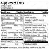 Text describing the ingredients: Vitamin C, Biotin, Zinc, Selenium, Manganese, Molybdenum, Green Tea Extract, Turmeric Extract, Grape Seed Extract, R-Lipoic Acid, Vitamin E Isomers.

Cellulose (capsule), microcrystalline cellulose, vegetable stearate, ilicon dioxide. 