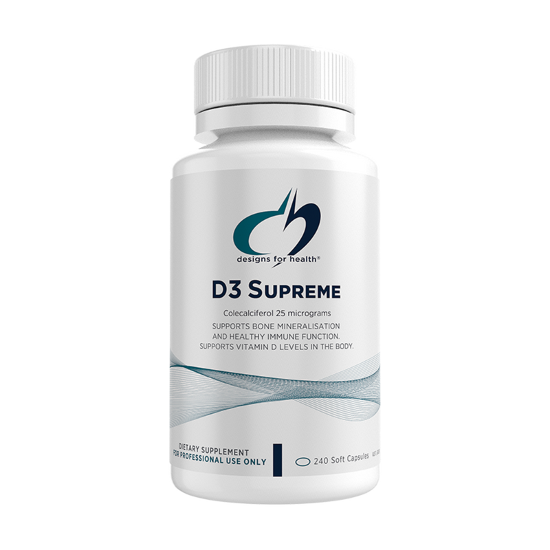 Supplement bottle labeled 'D3 Supreme' by Designs for Health 