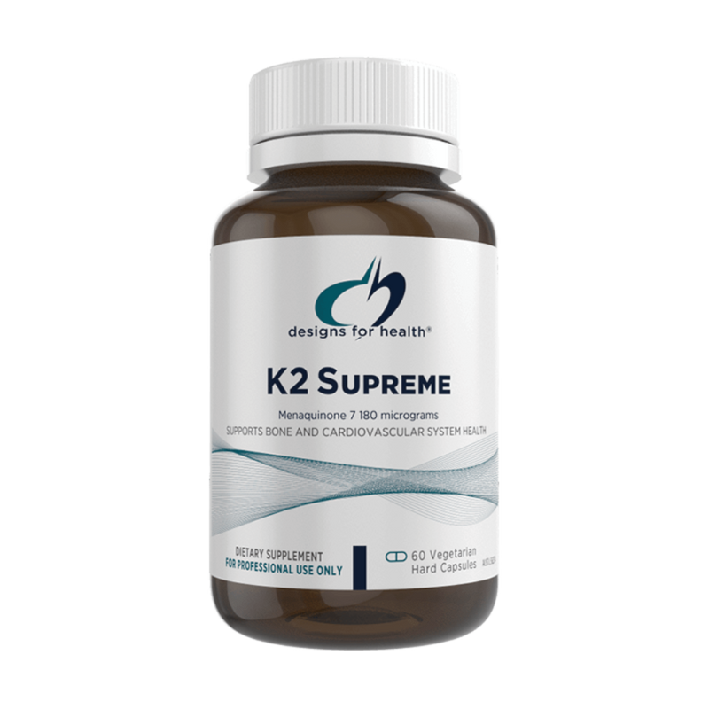 A Supplement container with the name K2 Supreme by Designs for Health.