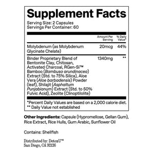 Ingredients: Molybdenum (as Molybdenum Glycinate Chelate), Bentonite Cay, Chitosan, Activated Charcoal, RGen-S Bamboo (Bambusa arundinacea) Extract (Std. to 75% Silica0, Aloe Vera (Aloe barbadensis) Powder (leaf), Shilajit (Asphaltum Punjabianum) Extract (Std. t 50% Fulvic Acid), Zeolite (Clinoptilolite).