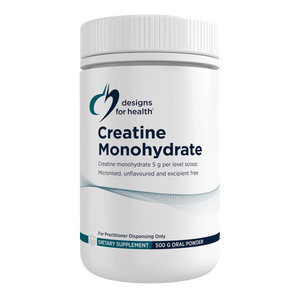 A Supplement container with the name Creatine Monohydrate 500g by Designs for Health.