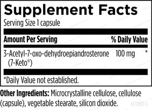 Text describing the ingredients: 3-Acetyl-7-oxo-dehydroepiandrosterone,
Microcrystalline cellulose, cellulose (capsule), vegetable stearate, silicon dioxide 