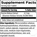 Text describing the ingredients: Porcine Kidney Extract 4.2mg (Diamine Oxidase Activity 20,000 HDU). Microcrystalline cellulose, hydroxypropylcellulose, ethylcellulose, potato starch, sodium alginate, magnesium salts of fatty acids, medium chain trigylcerides, hydropopylmethlcellulose, oleic acid, vegetable sterate.