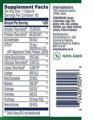 Supplement facts for Digest Gold 90c listing ingredients including Alpha galactosidase, Amylase, Beta Glucanase, Beta-fructofuranosidase, Cellulose (vegetarian capsule)