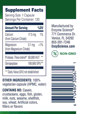 Supplement facts for Serrapeptase Pro 120c listing ingredients including Calcium, Calcium citrate, Magnesium, Magnesium citrate, Protease