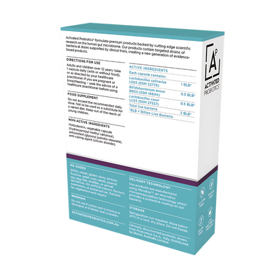 Back of Activated Probiotics probiotic box called Biome Derma is has the ingredients and instructions written on it.
