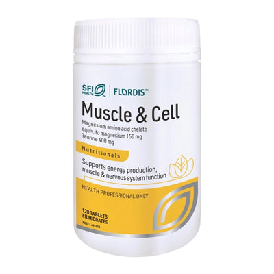 Image of a white supplement bottle that says SFI Health muscle and cell Magnesium amino acid chelate equiv to magnesium 150mg taurine 400mg nutritionals supports energy production, muscle and nervous system function health professionals only 120 tablets film coated 