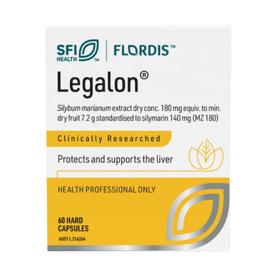 Image of a white supplement box which says SFI Health Legalon Silybum marianum extract dry conc. 180 mg equiv. to min. dry fruit 7.2g standardised to silymarin 140mg (MZ 180) Clinically researched protects and supports the liver health professional only 60 hard capsules 