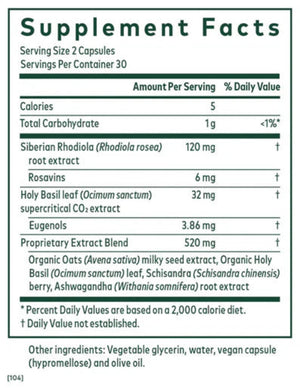 Ingredients: Siberian Rhodiola rosea, Rosavins, Holy Basil leaf, Eugenols.