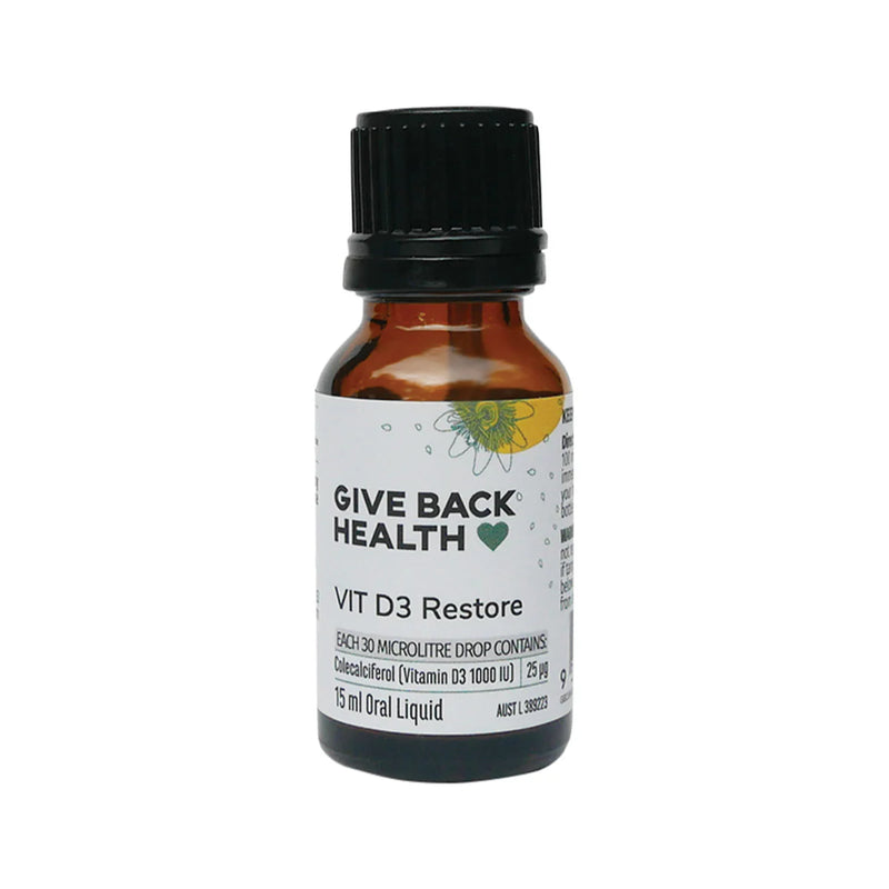 Image of a supplement bottle that says give backhealth vit D3 Restore Each 30 Mircolitre drop contains colecalcierol (vitamin D3 100 U) 15ml oral liquid 