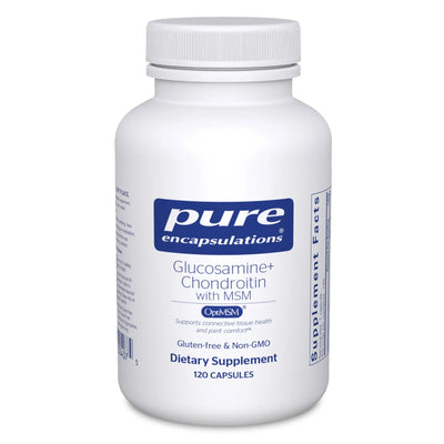 A Supplement container with the name Glucosamine + Chondroitin with MSM by Pure Encapsulations.